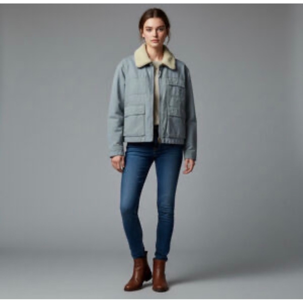 American Eagle Utility Jacket Women's Lg Blue‎ Sherpa Collar Canvas Zip